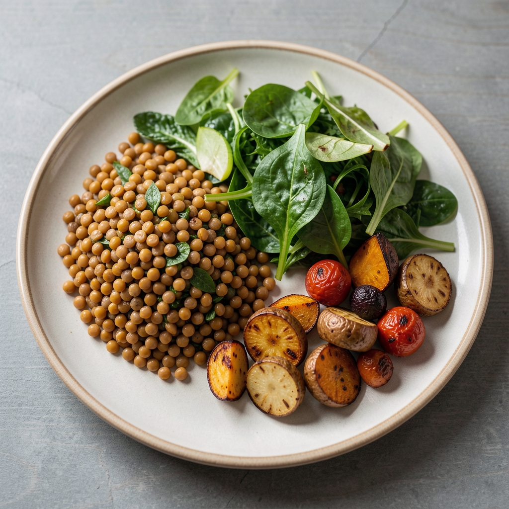 Colourful balanced lunch with lentils, leafy greens, roasted vegetables and measured portions on a ceramic plate