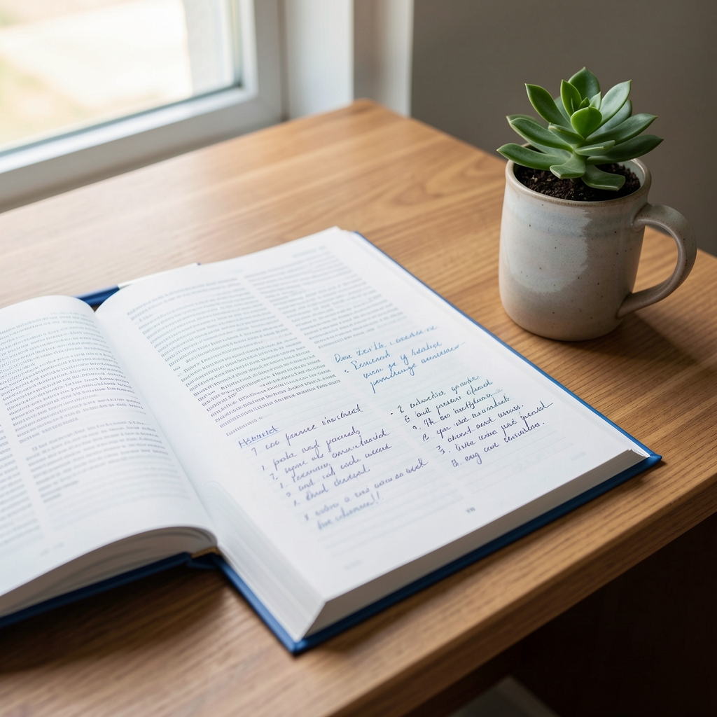 Editorial desk with open health books, handwritten notes, a ceramic mug and a small green plant