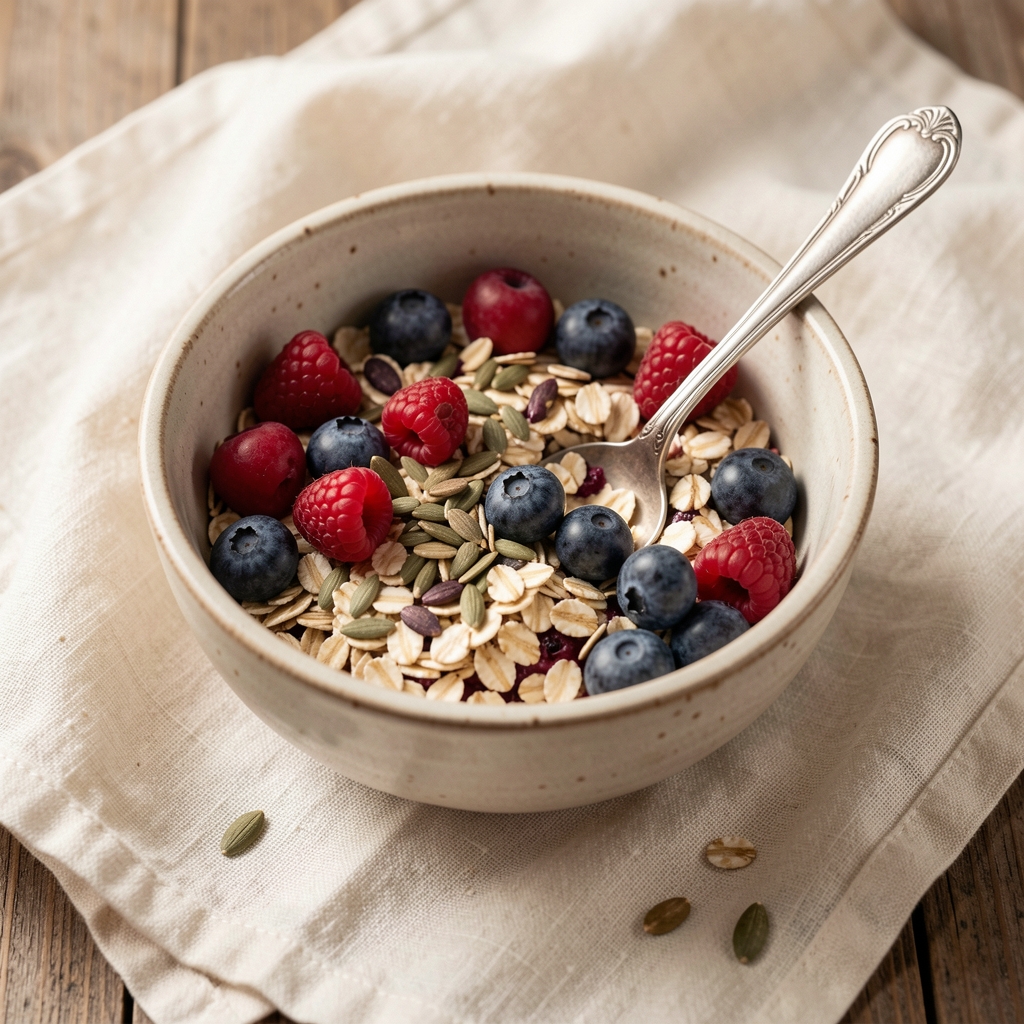 Rustic breakfast bowl with oats, berries, seeds and a spoon on a warm cream linen cloth