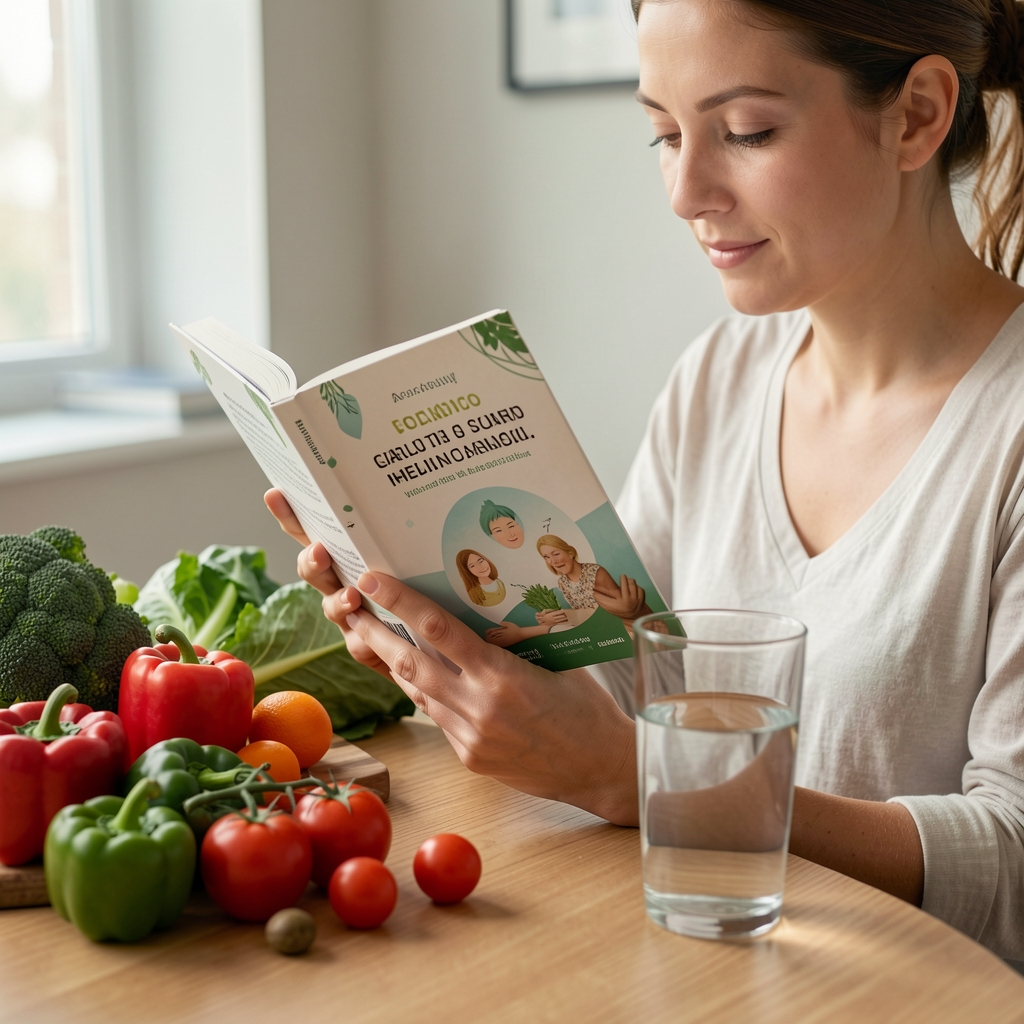 Person reading a carefully designed health guide beside vegetables and a glass of water