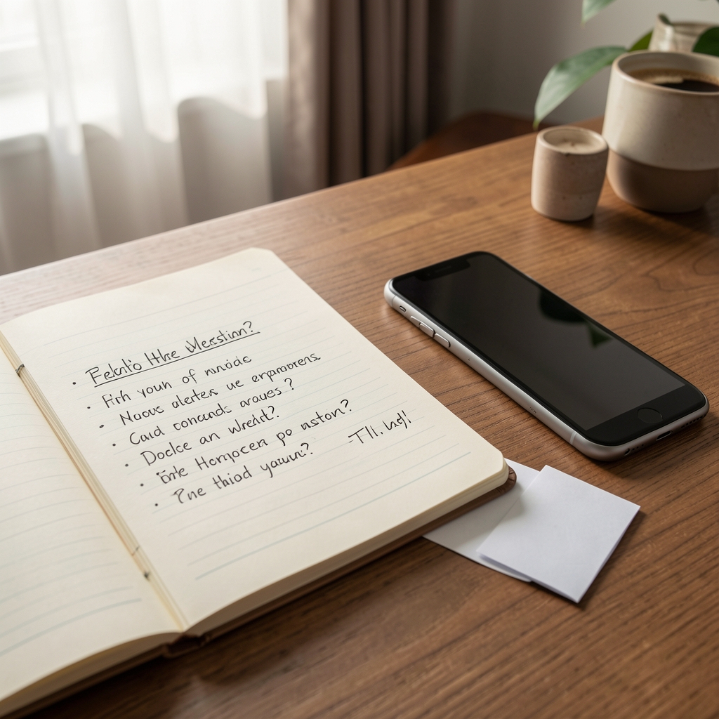 Handwritten health questions on a notebook beside a phone and a folded appointment letter at home