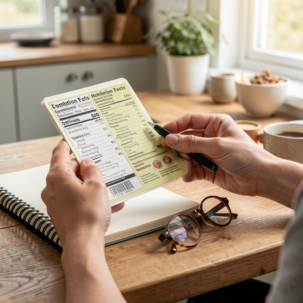 Close view of hands comparing food labels beside a notebook and reading glasses on a kitchen table
